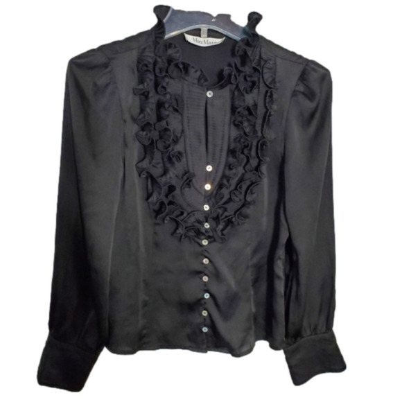 MAXMARA Black Polyester Ruffle Long Sleeve Top , - Picture 1 of 10